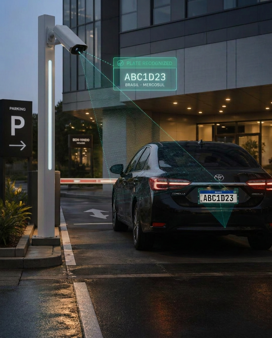 Câmera IP identificando uma placa veicular em uma entrada de estacionamento com overlay digital